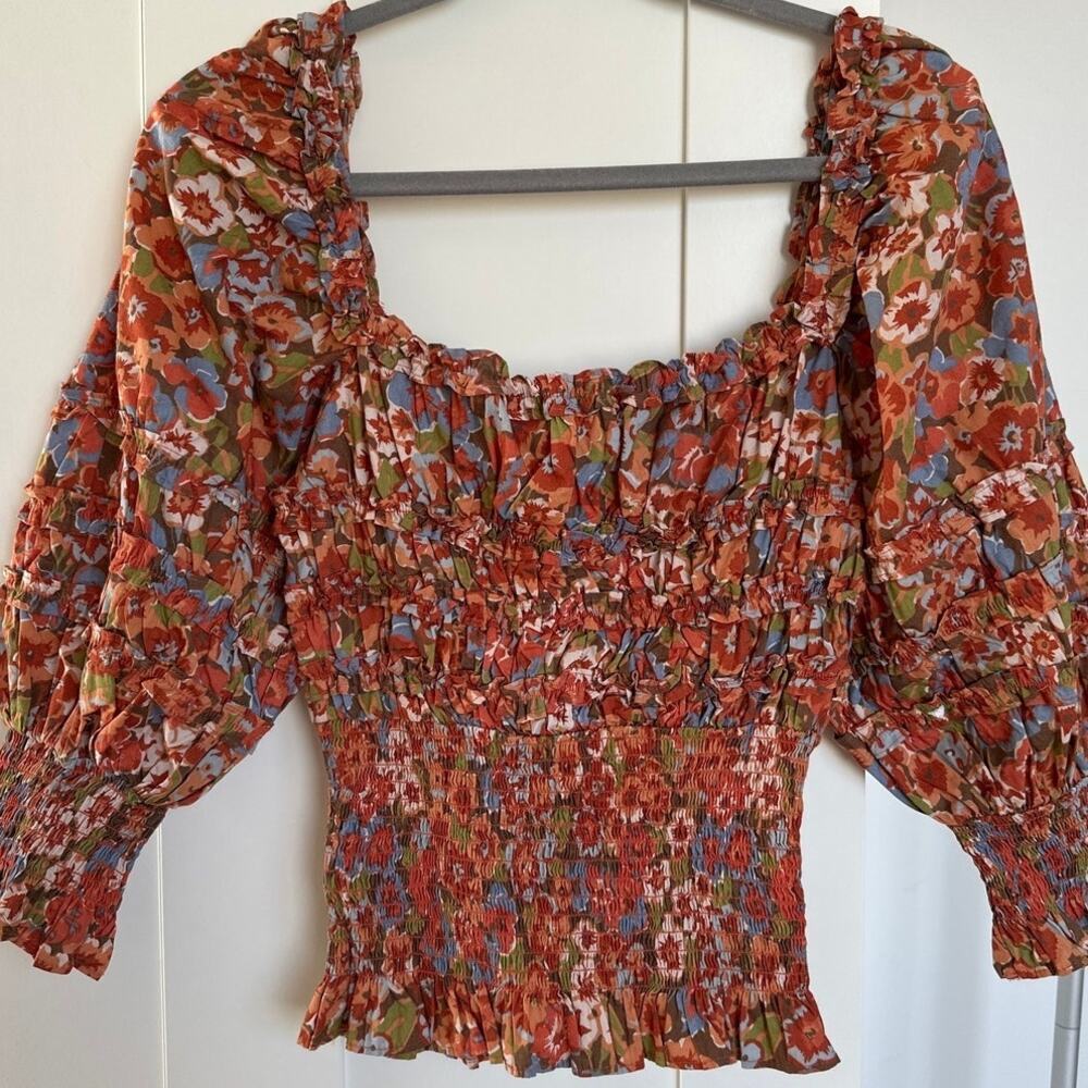House of Harlow 1960 Charisma Smocked Square Neck Puff Sleeve Blouse, Size S,NWT